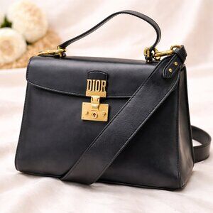 Authentic Dior Vintage Logo Lock Shoulder/Crossbody Bag Black